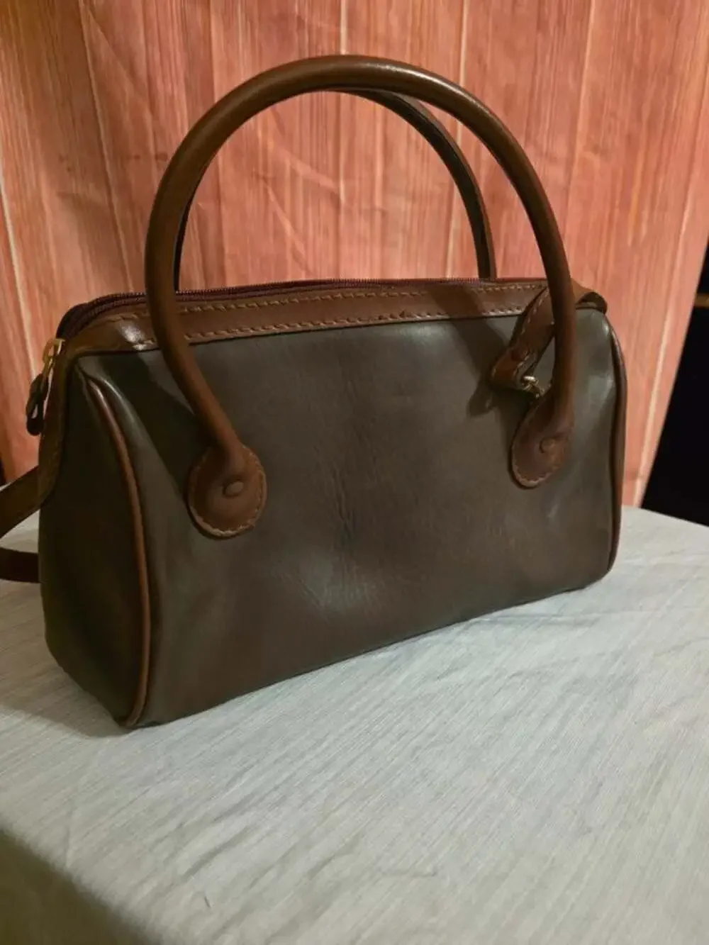 Vintage Two-Tone Brown & Olive Satchel Bag - Double Handles & Crossbody Strap